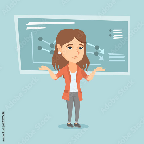 Stressed caucasian insolvent standing on the background of decreasing chart. Young depressed insolvent with spread arms. Concept of business insolvency. Vector cartoon illustration. Square layout.