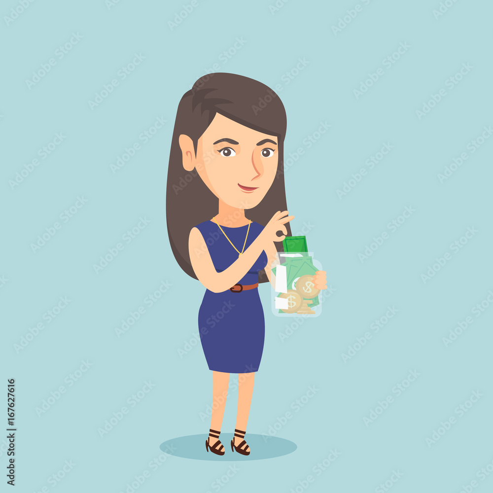 Young caucasian business woman holding a glass jar with money. Business woman saving money in a glass jar. Business woman putting money into a glass jar. Vector cartoon illustration. Square layout. Young caucasian business woman holding a glass jar with money. Business woman saving money in a glass jar. Business woman putting money into a glass jar. Vector cartoon illustration. Square layout.