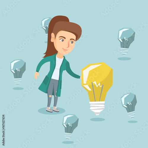 Young caucasian business woman standing among unlit idea light bulbs and touching the brightest idea bulb. Concept of creative successful business idea. Vector cartoon illustration. Square layout.