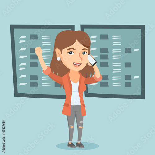 Excited caucasian stockbroker talking on the mobile phone on the background of display of stock market quotes. Young happy stockbroker at stock exchange. Vector cartoon illustration. Square layout.