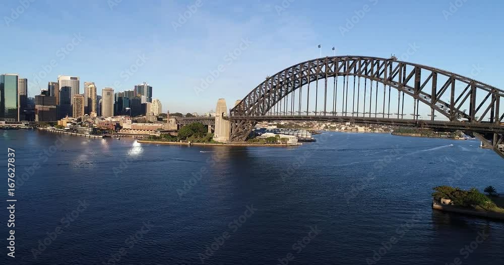 Aerial 180 degrees panorama of Sydney city landmarks across Harbour from the Harbour bridge to CBD and domain. Aerial 180 degrees panorama of Sydney city landmarks across Harbour from the Harbour bridge to CBD and domain.