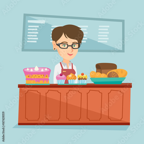 Young caucasian worker of the bakery offering pastry. Smiling saleswoman standing behind the counter with cakes in the bakery. Woman working in the bakery. Vector cartoon illustration. Square layout.