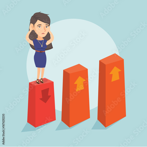 Caucasian frightened bankrupt clutching head. Young scared bankrupt standing on the chart going down. Concept of business bankruptcy and insolvency. Vector cartoon illustration. Square layout.