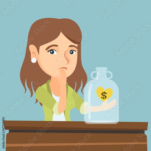 Young worried broke woman looking at empty money box. Desperate broke woman sitting at the table with empty money box. Bankruptcy and insolvency concept. Vector cartoon illustration. Square layout.