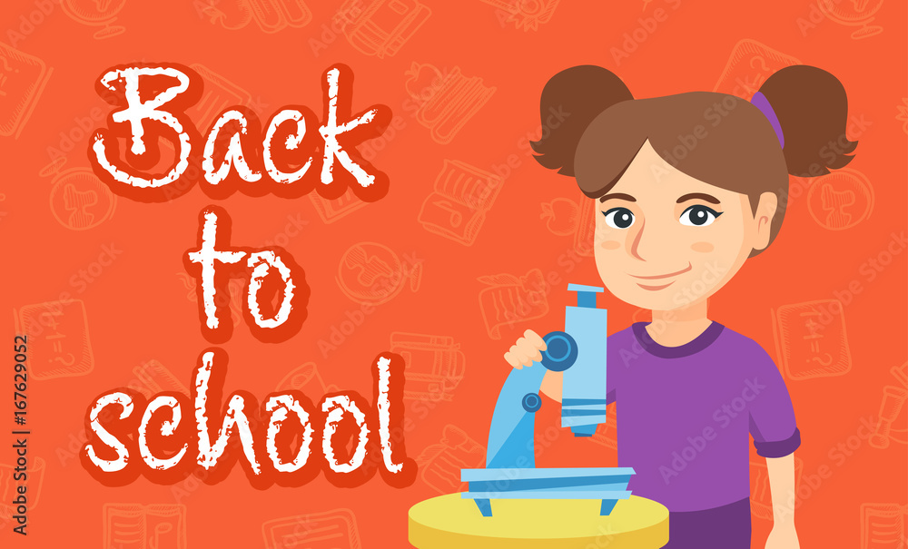 Little caucasian schoolgirl conducting experiment with a microscope. Schoolgirl standing near a microscope. Vector sketch cartoon illustration with back to school text. Horizontal layout. Little caucasian schoolgirl conducting experiment with a microscope. Schoolgirl standing near a microscope. Vector sketch cartoon illustration with back to school text. Horizontal layout.