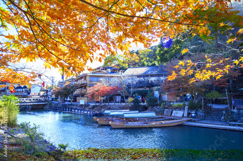 beautiful fall season of maple and river, Arashiyama, Japan