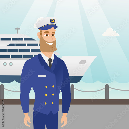 Caucasian ship captain standing on the background of sea and cruise ship. Young smiling hipster ship captain in uniform standing on the seacoast background. Vector cartoon illustration. Square layout.