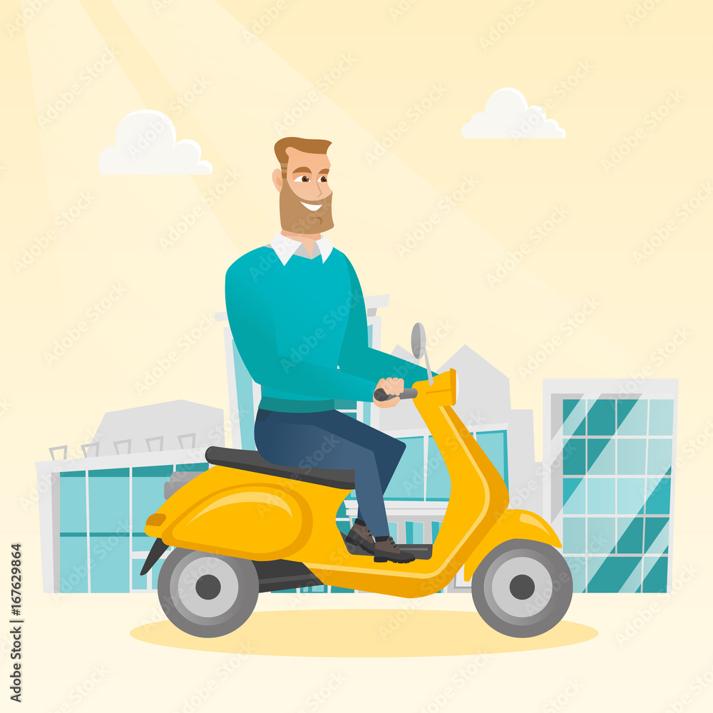 Young caucasian man riding a scooter outdoor. Smiling hipster man with beard traveling on a scooter in the city. Happy man enjoying his trip on a scooter. Vector cartoon illustration. Square layout.
