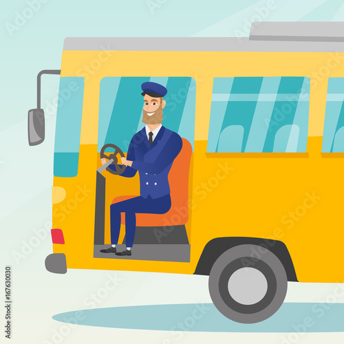 Young caucasian bus driver sitting at steering wheel. Hipster bus driver with beard driving a passenger bus. Smiling bus driver sitting in the driver cab. Vector cartoon illustration. Square layout.