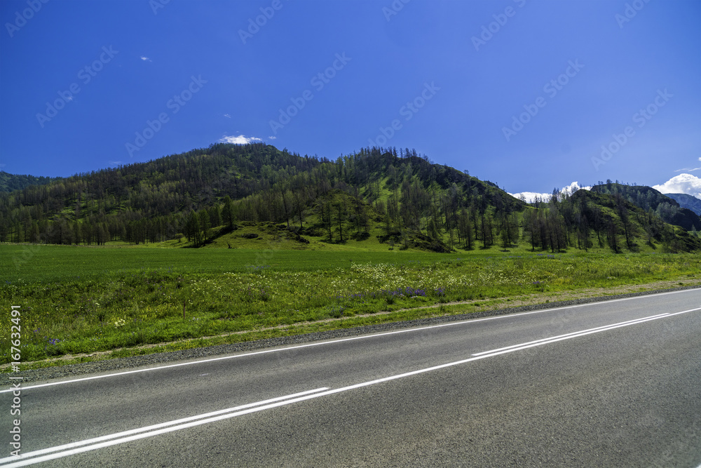 Asphalt road in the mountains of Altai