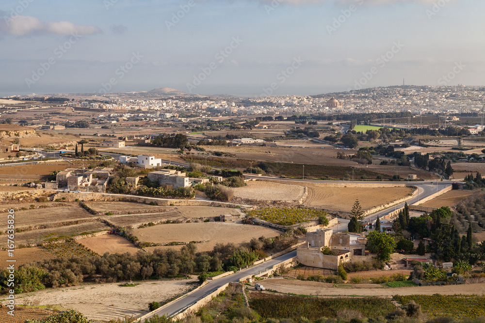 Aerial view, rural Malta island seen from old town Mdina