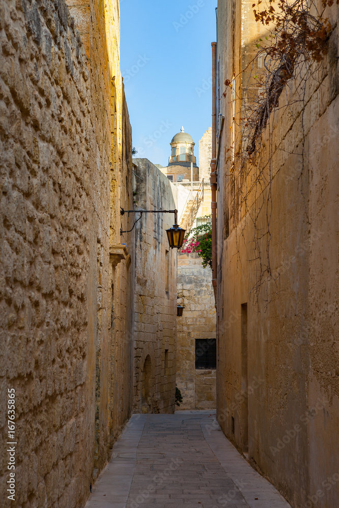 Streets of old town at sunny day. Narrow path in Mdina, Malta.
