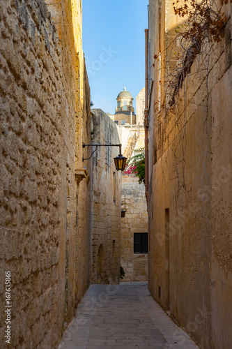Streets of old town at sunny day. Narrow path in Mdina, Malta.