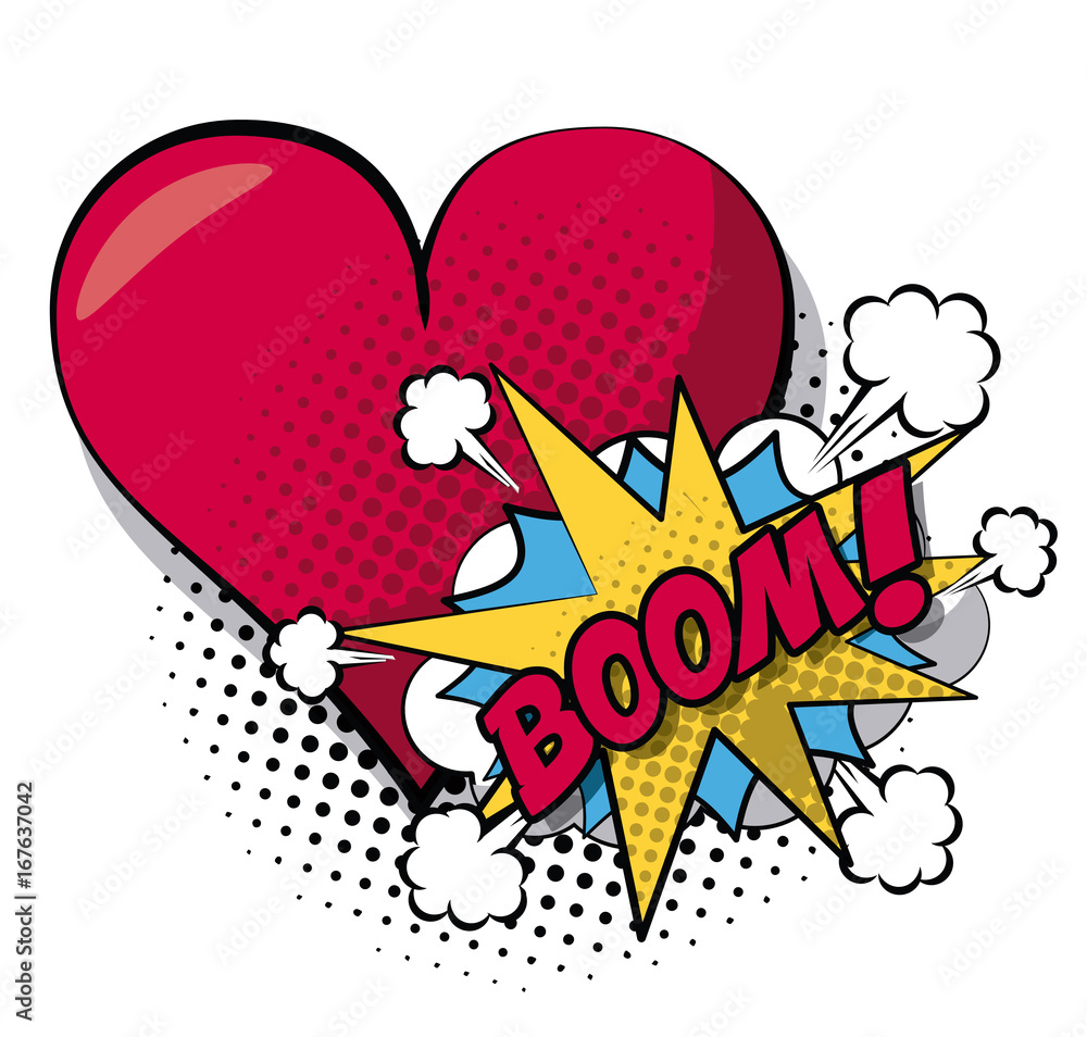 white background pop art style of cloud explosive callout for dialogue with boom text and closeup heart in halftone vector illustration white background pop art style of cloud explosive callout for dialogue with boom text and closeup heart in halftone vector illustration