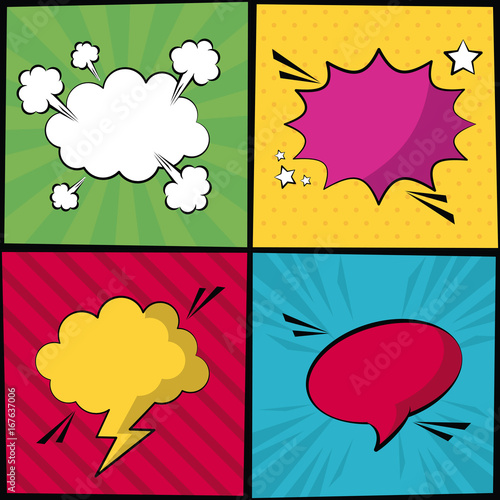 multicolored square banner in pop art style with stripes and dialog callout in different forms vector illustration