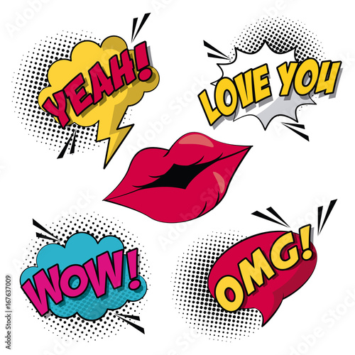 white background elements pop art style with halftone and lips with callout and text inside vector illustration