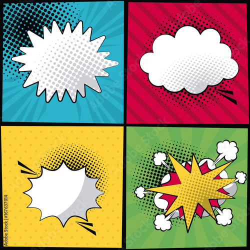 multicolored square banner in pop art style halftone with stripes and dialog callout in different forms vector illustration