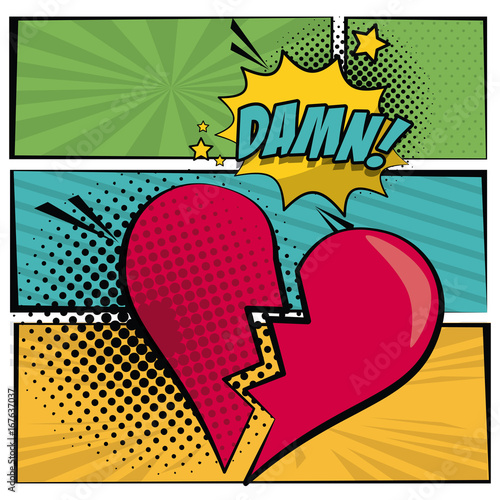 multicolored square banner in pop art style halftone with stripes and heart broken scream dialog callout damn text vector illustration
