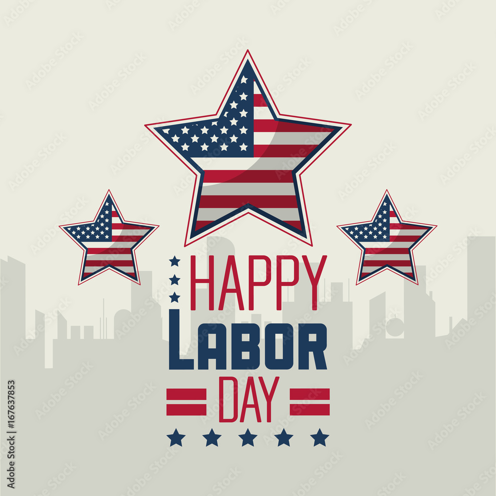 colorful poster of happy labor day with silhouette of city in background and american flag in shape of stars vector illustration