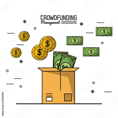 colorful poster of crowd funding management with money deposit in cardboard box vector illustration