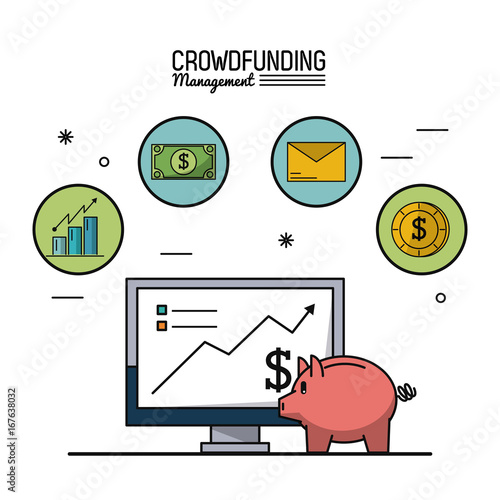 colorful poster of crowd funding management with desktop computer and moneybox in closeup and icons on top vector illustration
