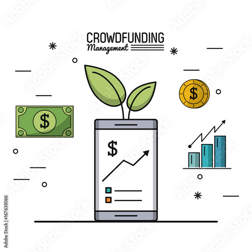 colorful poster of crowd funding management with smartphone and economic growing graphs vector illustration