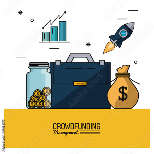 colorful poster of crowd funding management with executive briefcase and savings and bar graphs statistics vector illustration