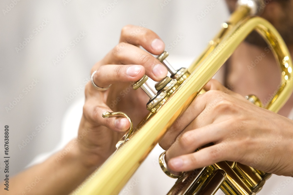 Obraz premium Hands of the musician playing a trumpet closeup 
