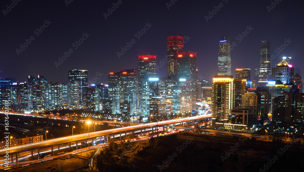 High angle view of Beijing CBD Skyline at night