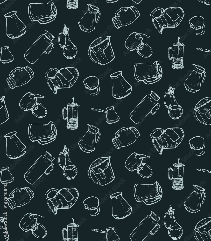 hand drawn pattern with kitchen utensils: teapot, carafe, percolator, brewer, bottle hand drawn pattern with kitchen utensils: teapot, carafe, percolator, brewer, bottle