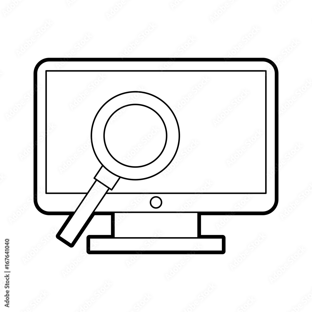 computer desktop with magnifying glass vector illustration design