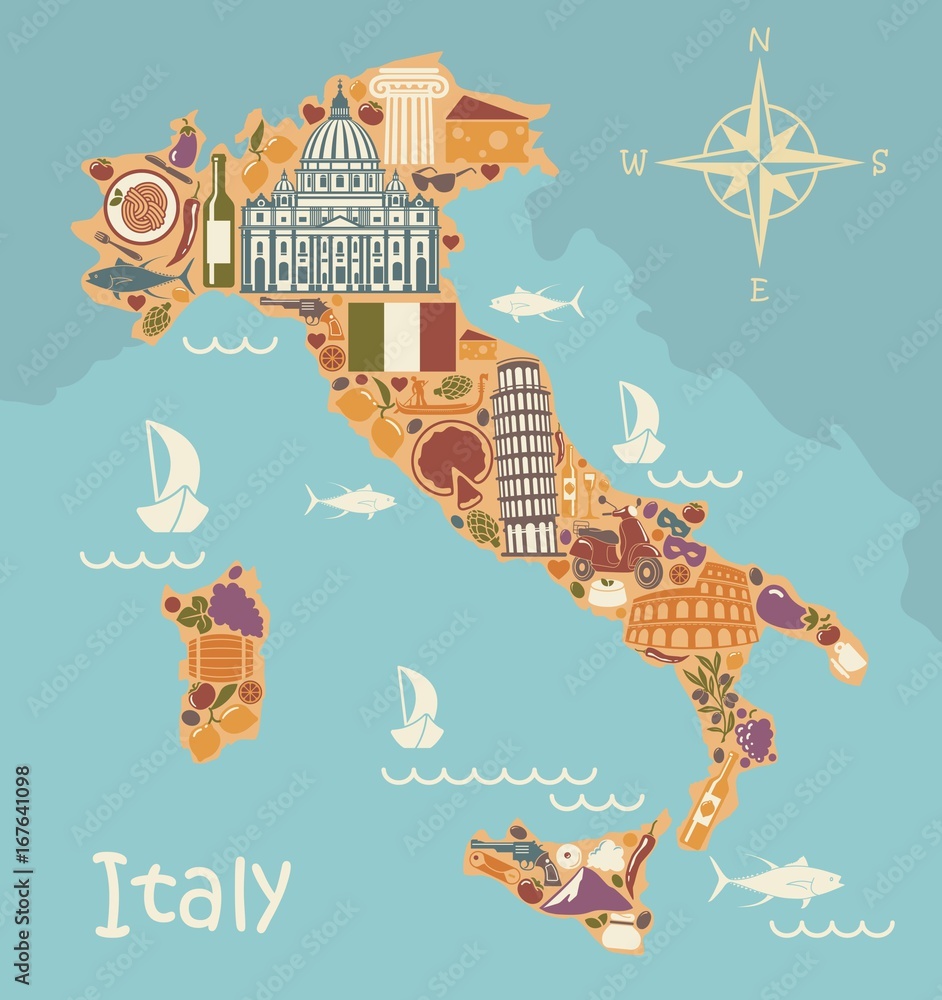 Map of Italy with traditional Italian symbols Stock Vector | Adobe Stock