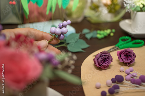 Fototapeta Naklejka Na Ścianę i Meble -  How to Make Preservrd Flower and Clay Flower Arrangement, Making with Colorful Roses