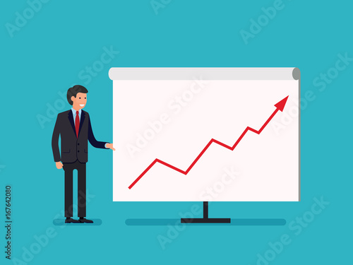 Business Man holding whiteboard - presentation flat style cartoon.
