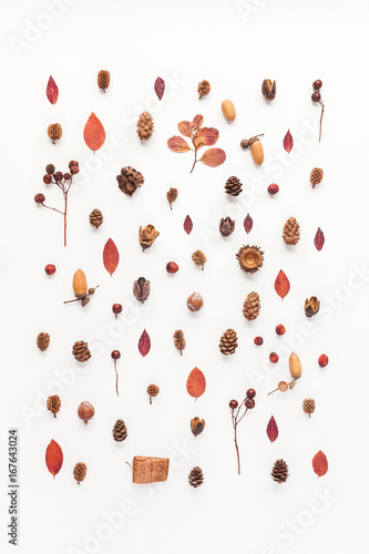 Autumn composition. Pattern made of autumn leaves, acorn, pine cones. Flat lay, top view