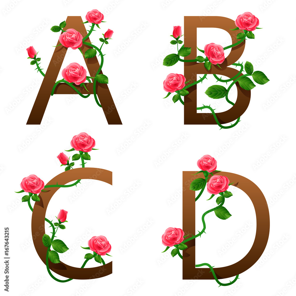 Flowers alphabet with red roses. vector illustration