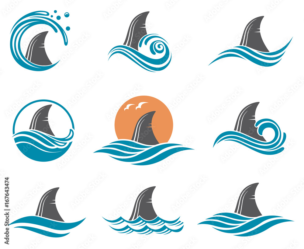 Naklejka premium zestaw ikon zły płetwa rekina z falami morskimi
