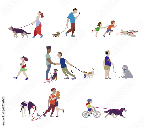 Vector illustration of People going walk with dogs. Characters set in flat design.