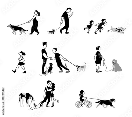 Vector illustration of People going walk with dogs. Characters set in flat design.