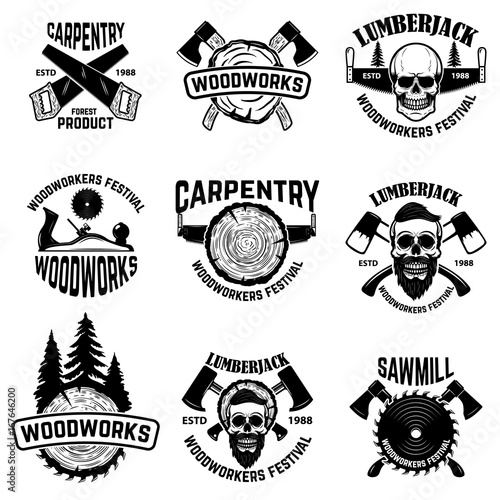 Set of wood works design elements. Sawmills, axes.