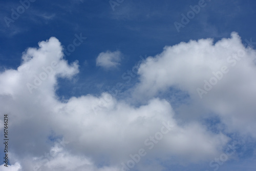 青空と雲「空想・雲のモンスターたち〔モンスターの親子が巣離れしない子供（真ん中の雲が巣のイメージ）を見ているイメージなど〕」家族愛、子育ての真っ最中、慈しむ、愛情一杯に育てる、子育て、育児、または、（子供が、おじさんから話しかけられているようなイメージで）僕、元気かい？などのイメージ