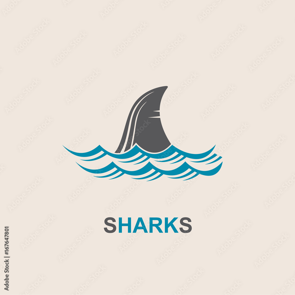 Fototapeta premium icon of angry shark fin with sea waves