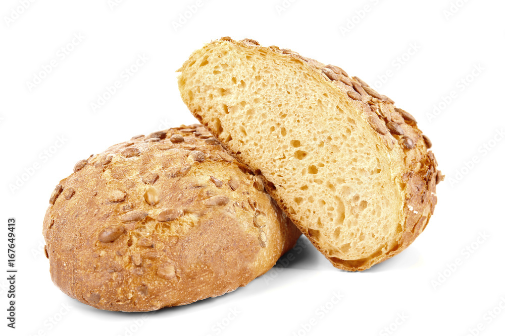 Tasty loaf of bread on white background