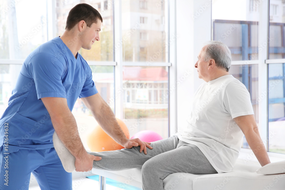 Fototapeta premium Physiotherapist working with elderly patient in clinic