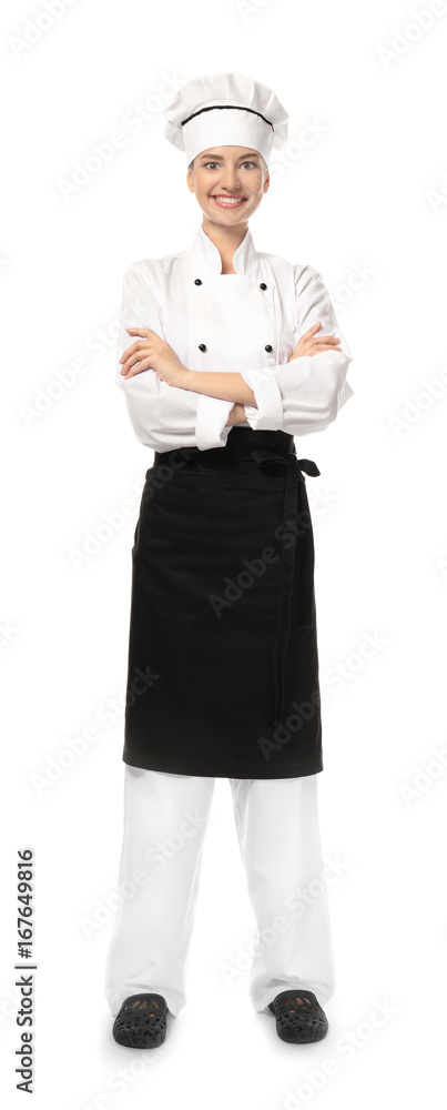 Young female chef on white background Young female chef on white background