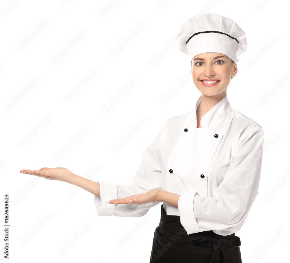 Young female chef on white background Young female chef on white background