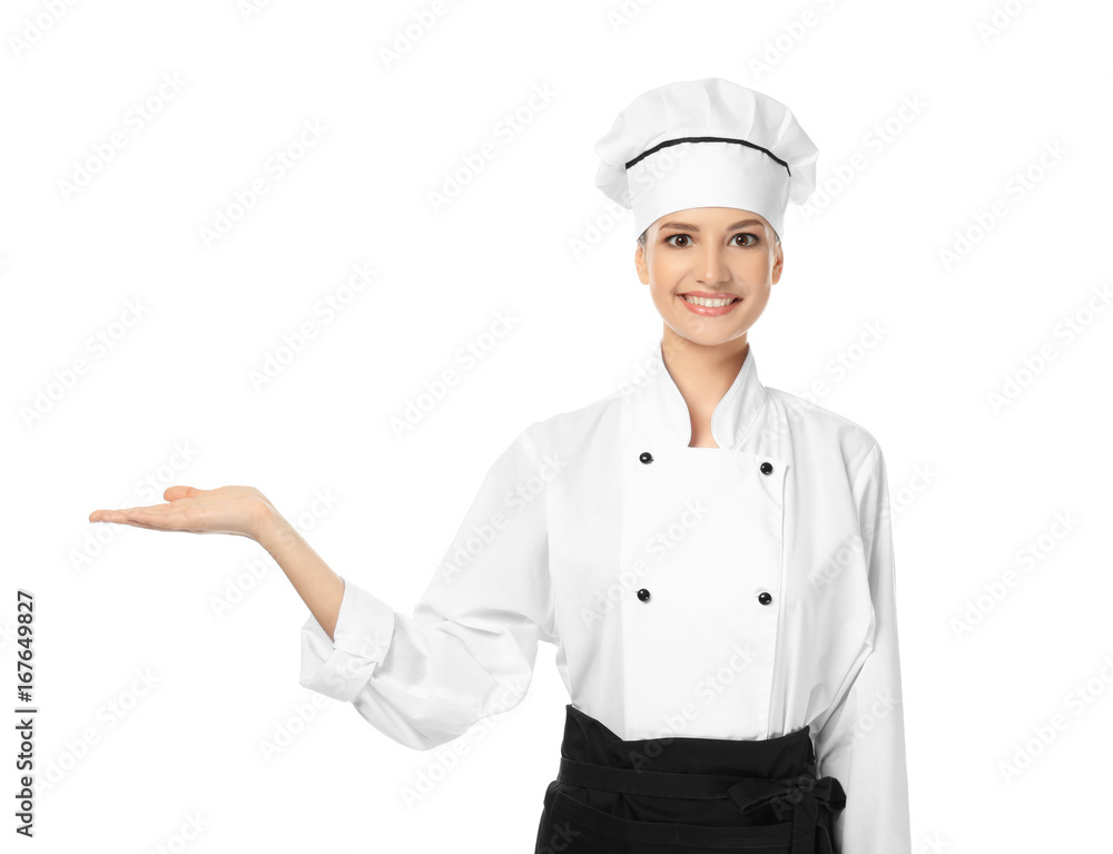 Young female chef on white background Young female chef on white background