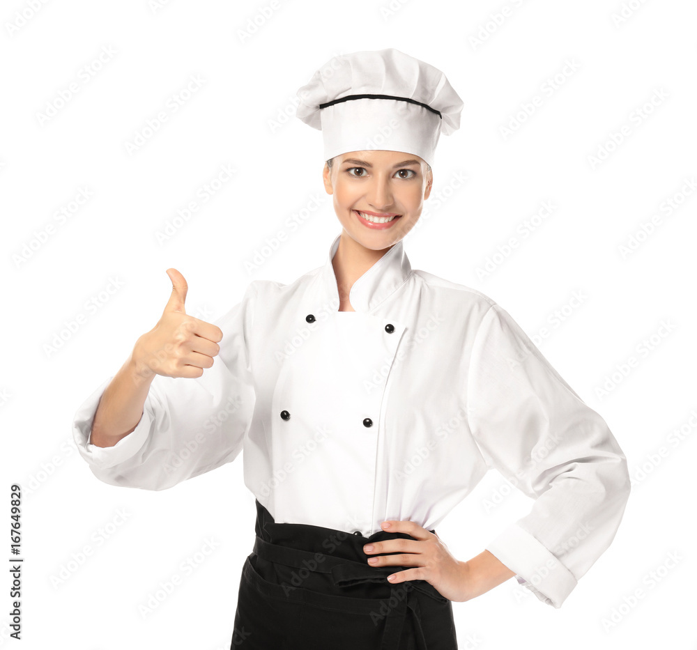 Young female chef on white background Young female chef on white background
