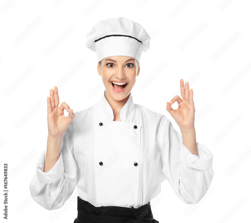 Young female chef on white background Young female chef on white background