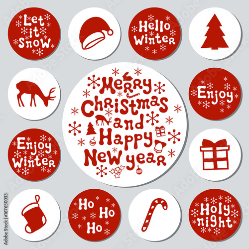 Christmas New Year gift round stickers. Labels xmas set. Hand drawn decorative element. Collection of holiday christmas stickers in red white. Texture. Vector illustration. Lettering, calligraphy.